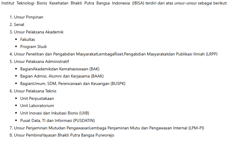 Struktur Organisasi INSTITUT TEKNOLOGI BISNIS DAN KESEHATAN BHAKTI PUTRA BANGSA INDONESIA